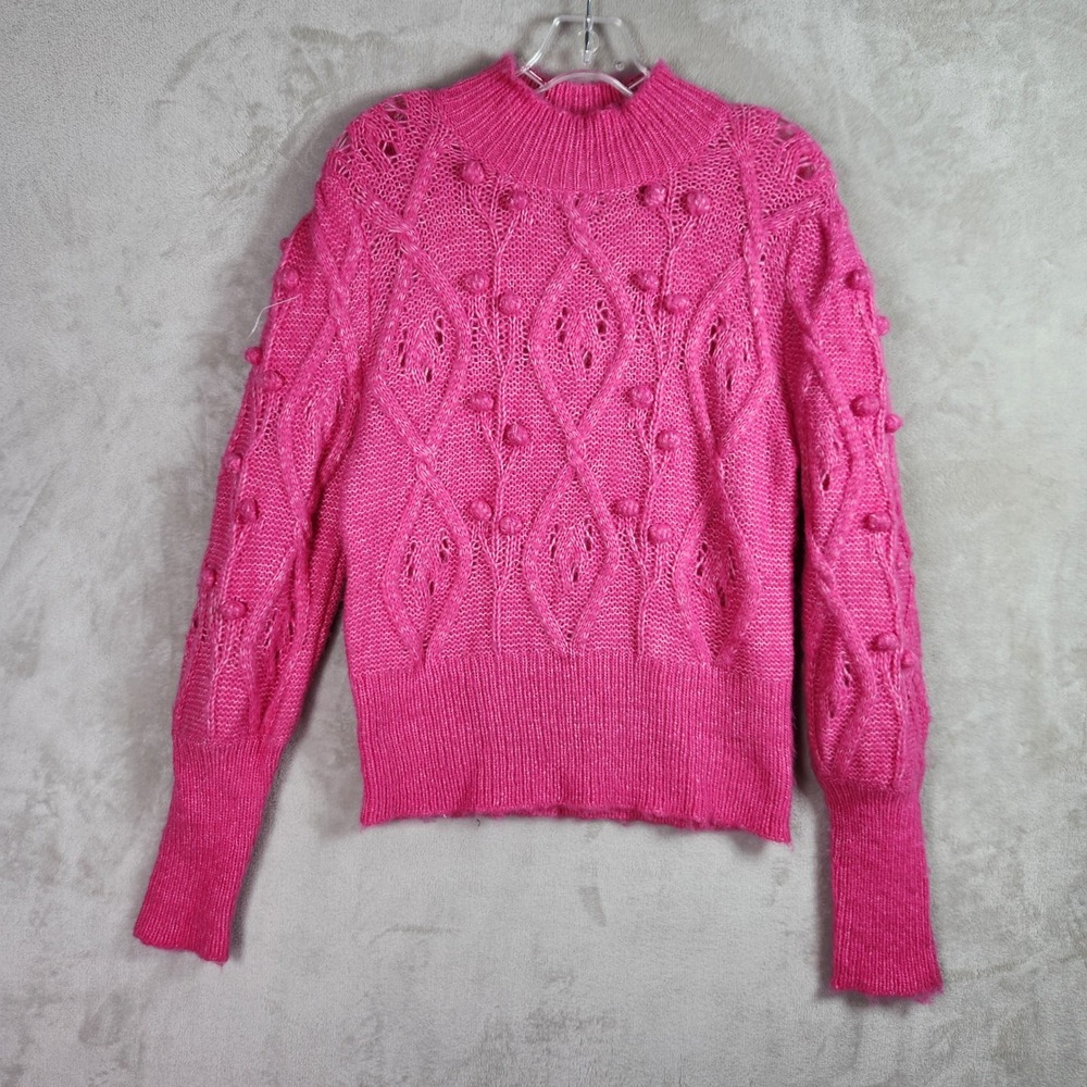 Cliche Pom Pom Cable Knit Sweater Womens Small Pink Mock Neck Wool Blend Boho
